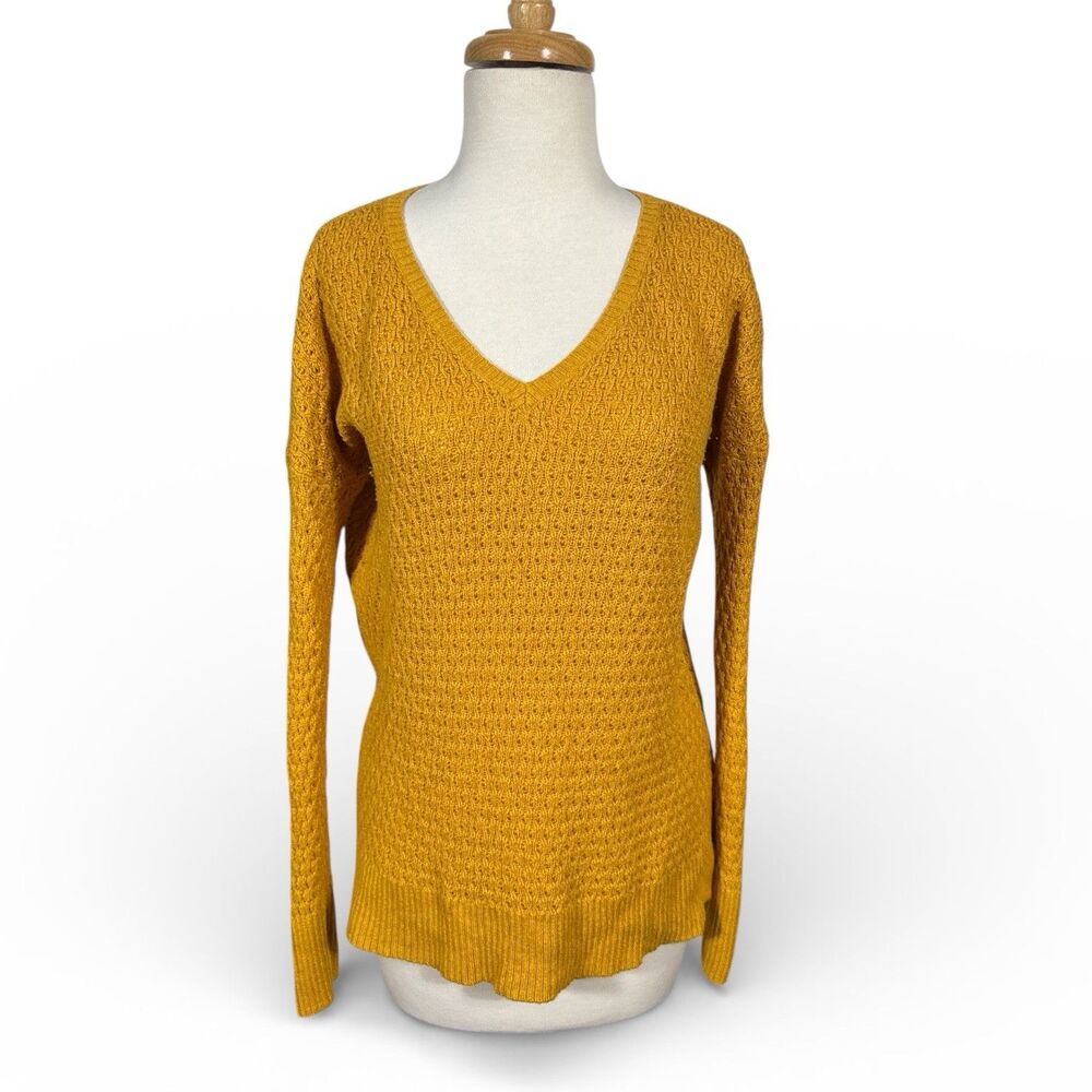 American Eagle Waffle Knit Mustard Yellow V-Neck Sweater